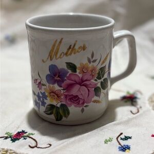 Vintage White Floral Mug with Gold Script
